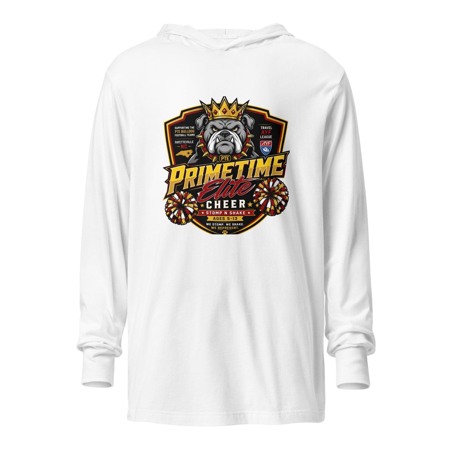 Performance | Hooded Long Sleeve T Shirt | PTE Bulldog Cheer | Shield Logo