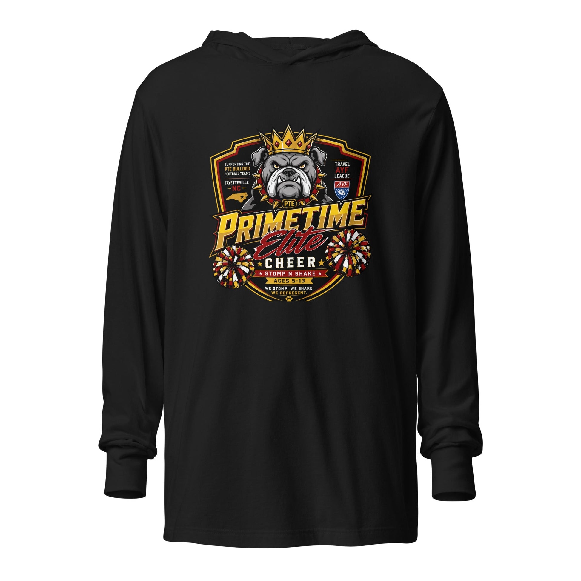 Performance | Hooded Long Sleeve T Shirt | PTE Bulldog Cheer | Shield Logo