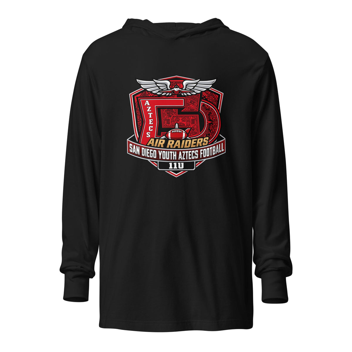 Performance | Hooded Long Sleeve T Shirt | San Diego Youth Aztecs Football 11u Air Raiders | Shield Logo