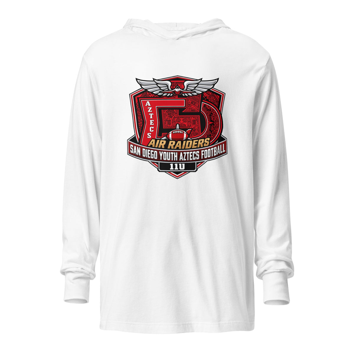 Performance | Hooded Long Sleeve T Shirt | San Diego Youth Aztecs Football 11u Air Raiders | Shield Logo
