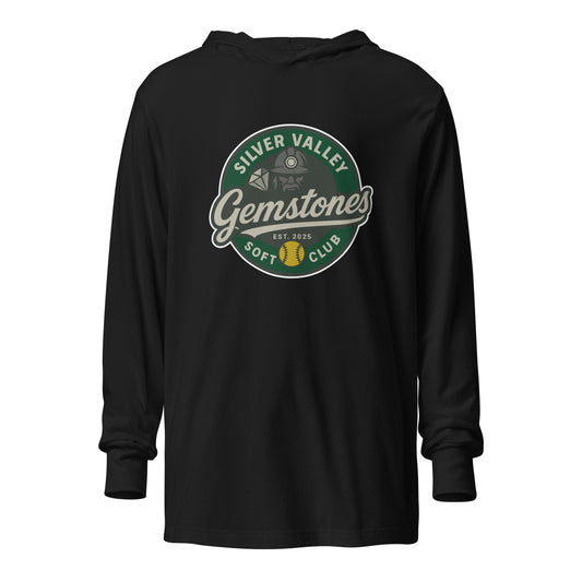 Performance | Hooded Long Sleeve T Shirt | Silver Valley Gemstones | Badge Logo