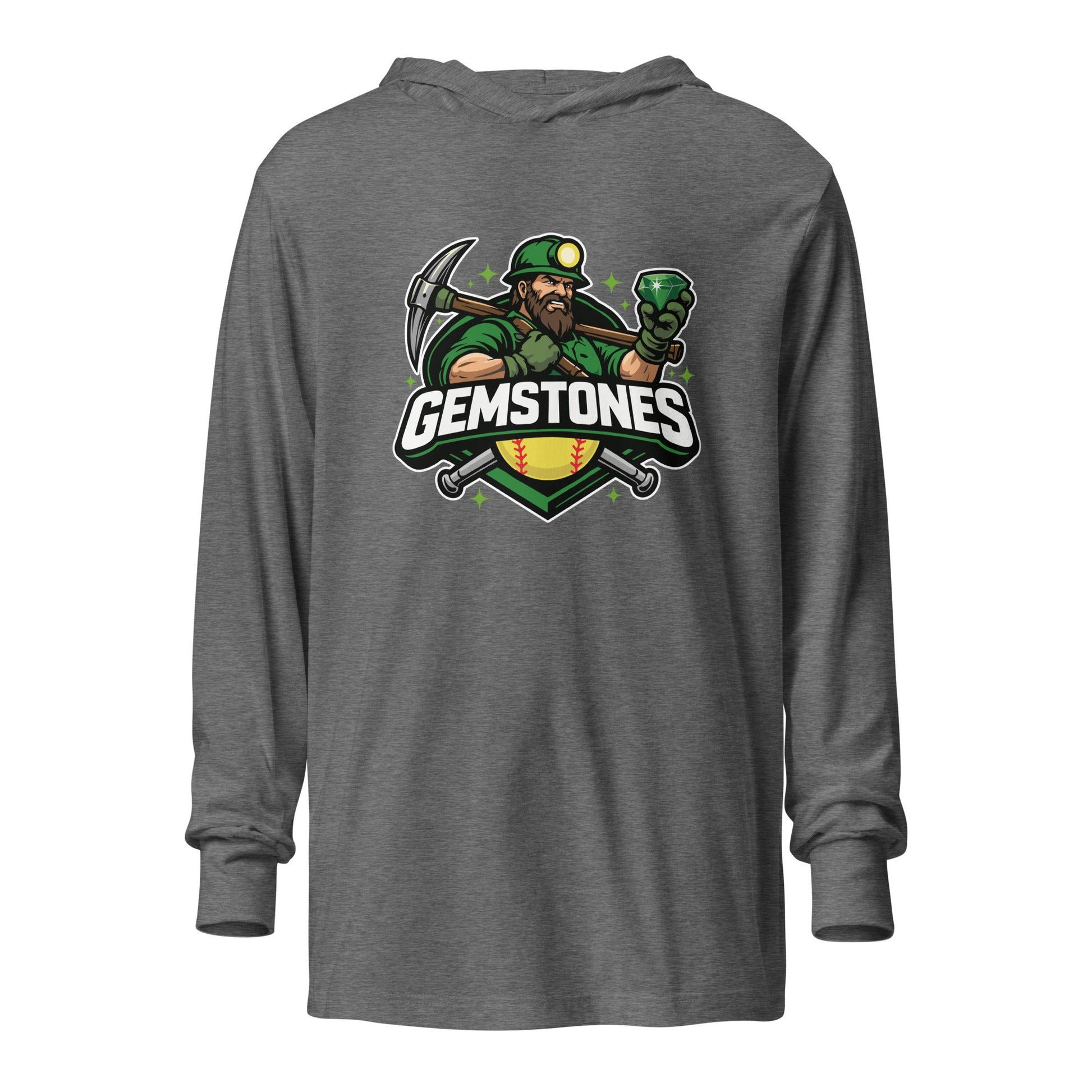 Performance | Hooded Long Sleeve T Shirt | Silver Valley Gemstones | Emerald Valley Logo