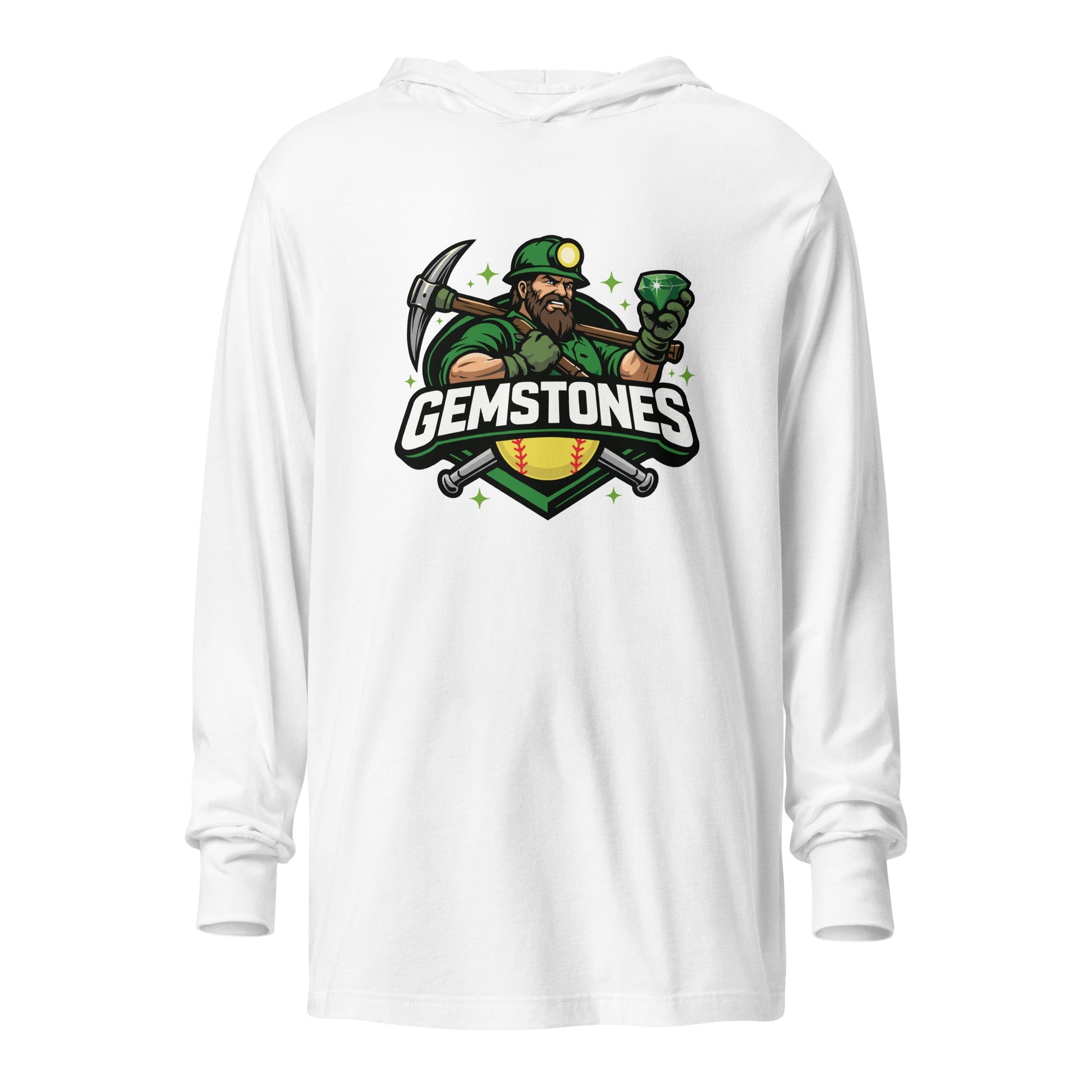 Performance | Hooded Long Sleeve T Shirt | Silver Valley Gemstones | Emerald Valley Logo