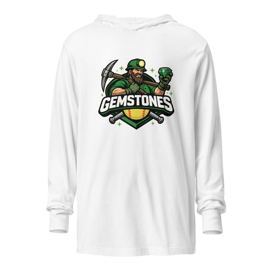 Performance | Hooded Long Sleeve T Shirt | Silver Valley Gemstones | Emerald Valley Logo