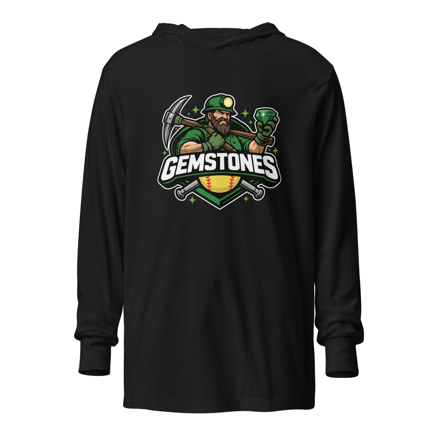 Performance | Hooded Long Sleeve T Shirt | Silver Valley Gemstones | Emerald Valley Logo