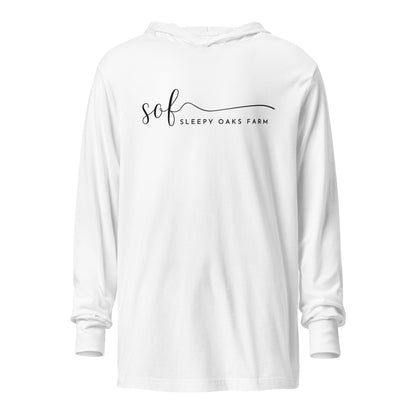 Performance | Hooded Long Sleeve T Shirt | Sleepy Oaks Farm | Script Logo