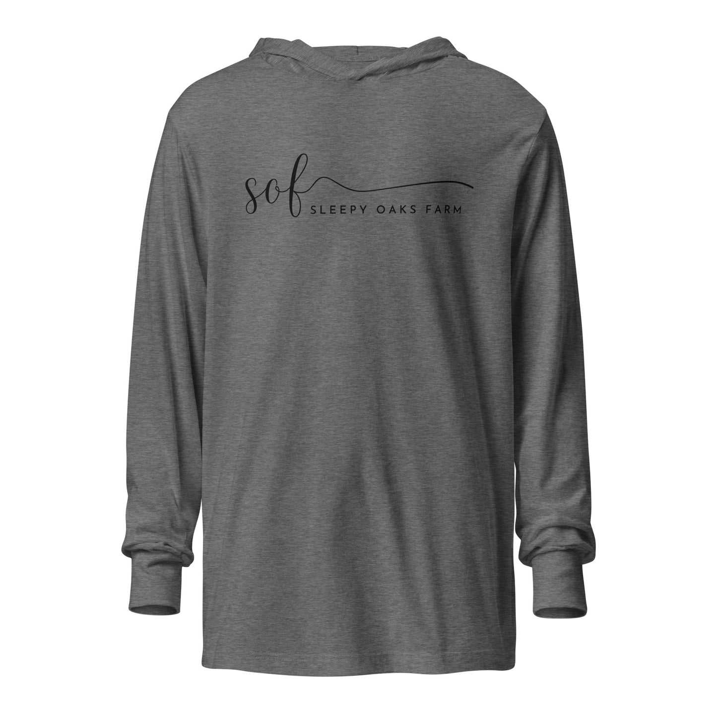 Performance | Hooded Long Sleeve T Shirt | Sleepy Oaks Farm | Script Logo