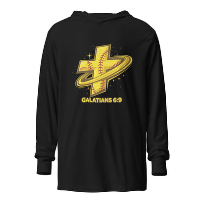 Performance | Hooded Long Sleeve T Shirt | Stingers Softball | Galatians 6:9 Logo