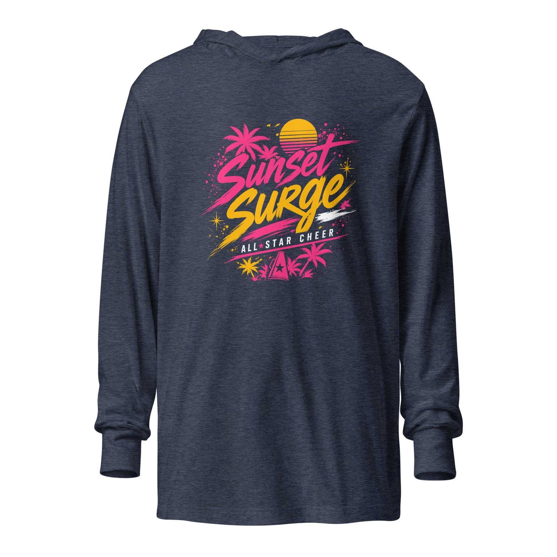 Performance | Hooded Long Sleeve T Shirt | Sunset Surge All-Star Cheerleading | Neon Palm Cheer Logo