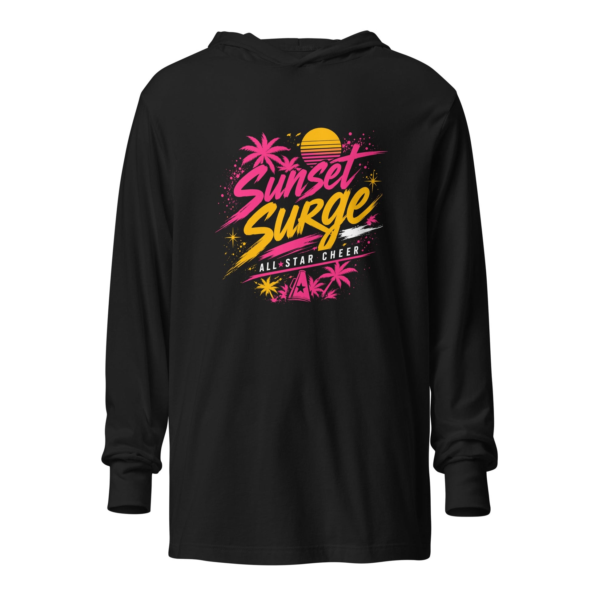 Performance | Hooded Long Sleeve T Shirt | Sunset Surge All-Star Cheerleading | Neon Palm Cheer Logo