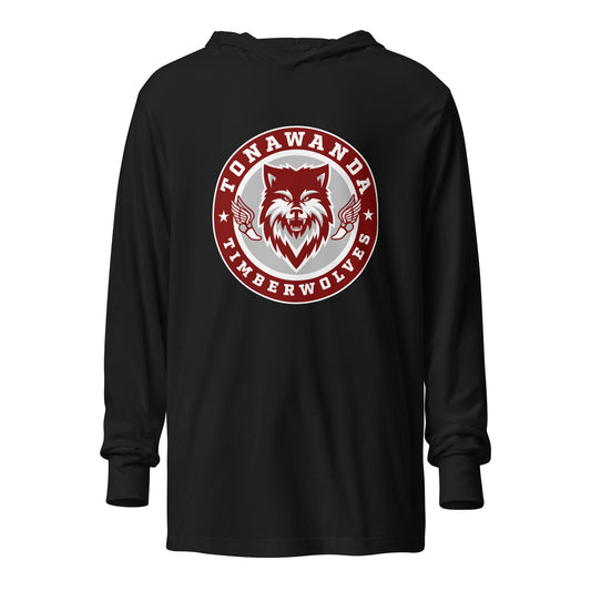 Performance | Hooded Long Sleeve T Shirt | Tonawanda High School Track and Field | Mascot Badge Logo