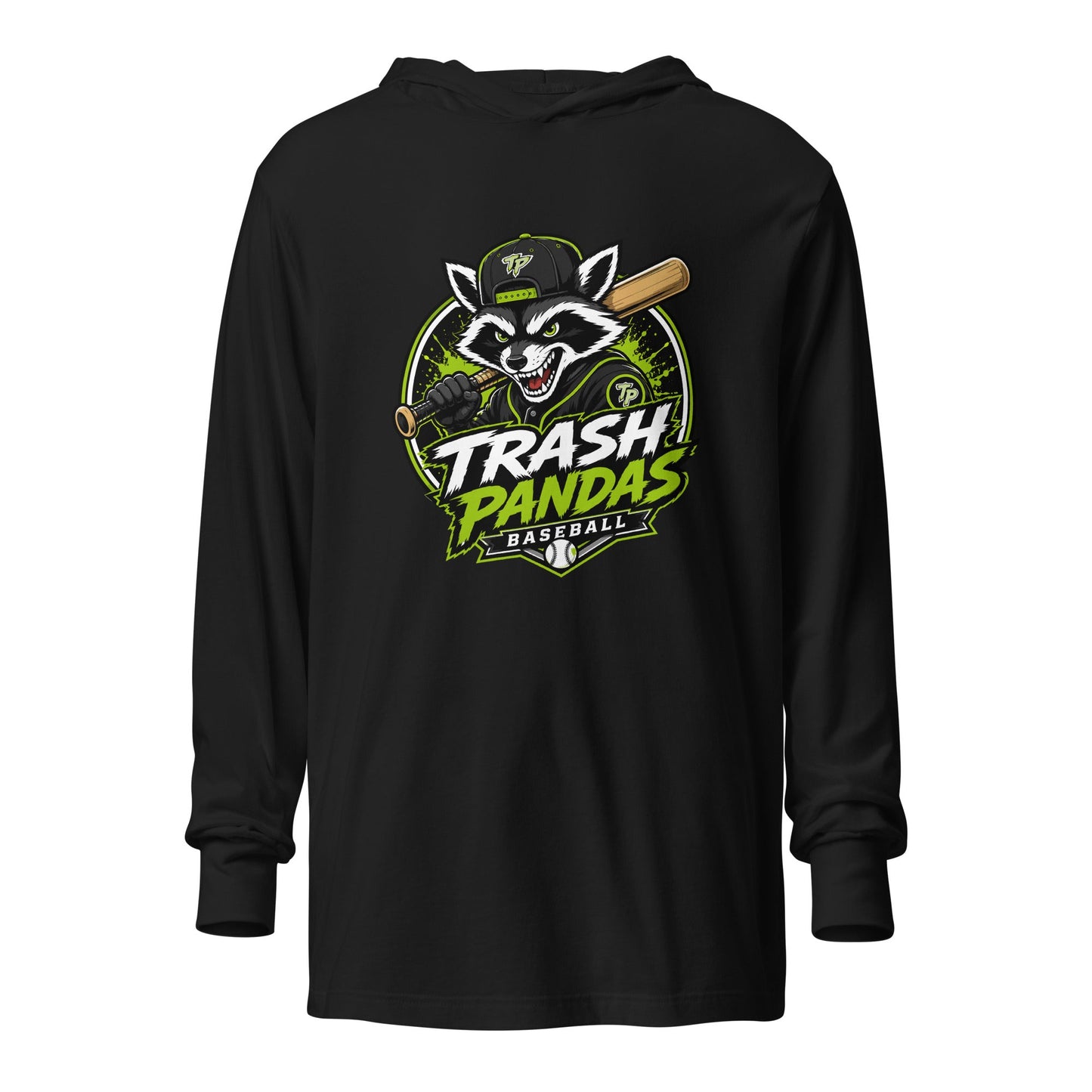 Performance | Hooded Long Sleeve T Shirt | Trash Pandas Baseball Organization | Mascot Logo