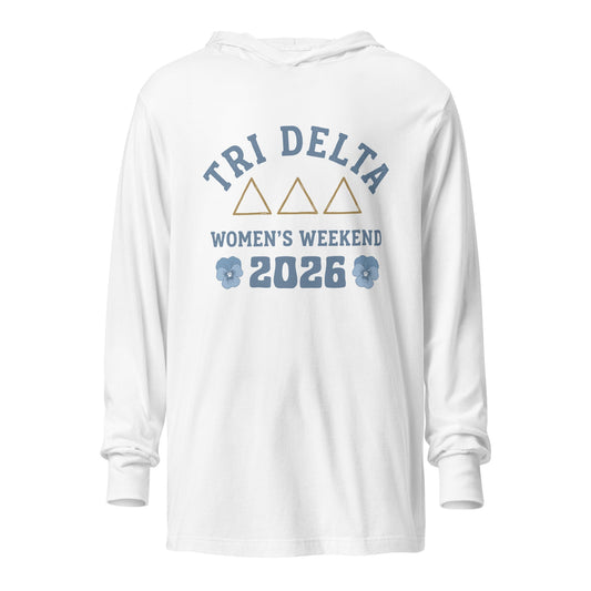 Performance | Hooded Long Sleeve T Shirt | Tri Delta Epsilon | Sisterhood Script Logo