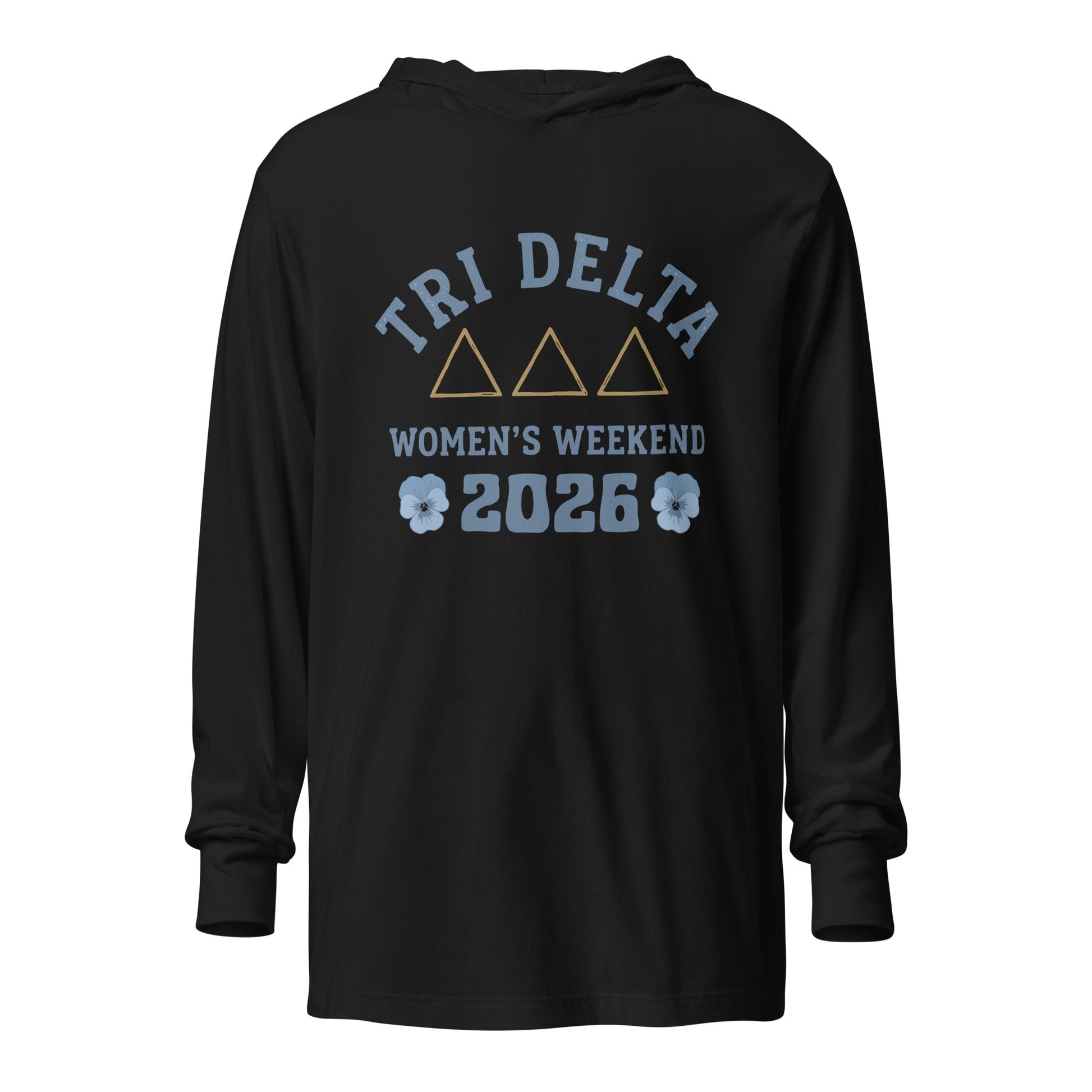 Performance | Hooded Long Sleeve T Shirt | Tri Delta Epsilon | Sisterhood Script Logo
