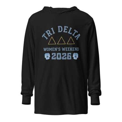 Performance | Hooded Long Sleeve T Shirt | Tri Delta Epsilon | Sisterhood Script Logo