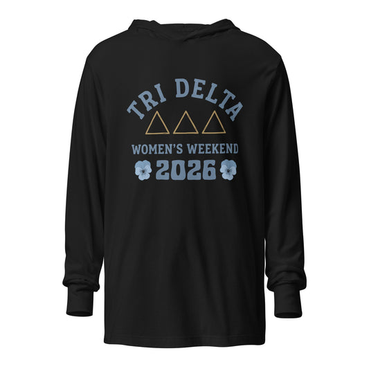 Performance | Hooded Long Sleeve T Shirt | Tri Delta Epsilon | Sisterhood Script Logo