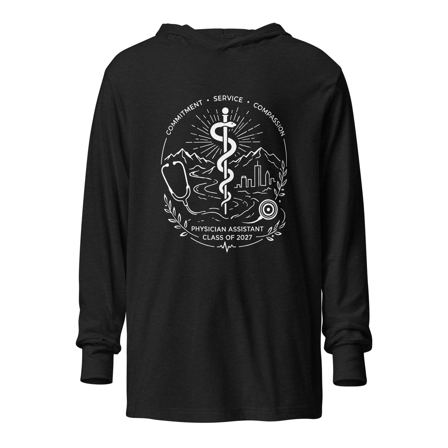 Performance | Hooded Long Sleeve T Shirt | Trine PA program | Crest Logo
