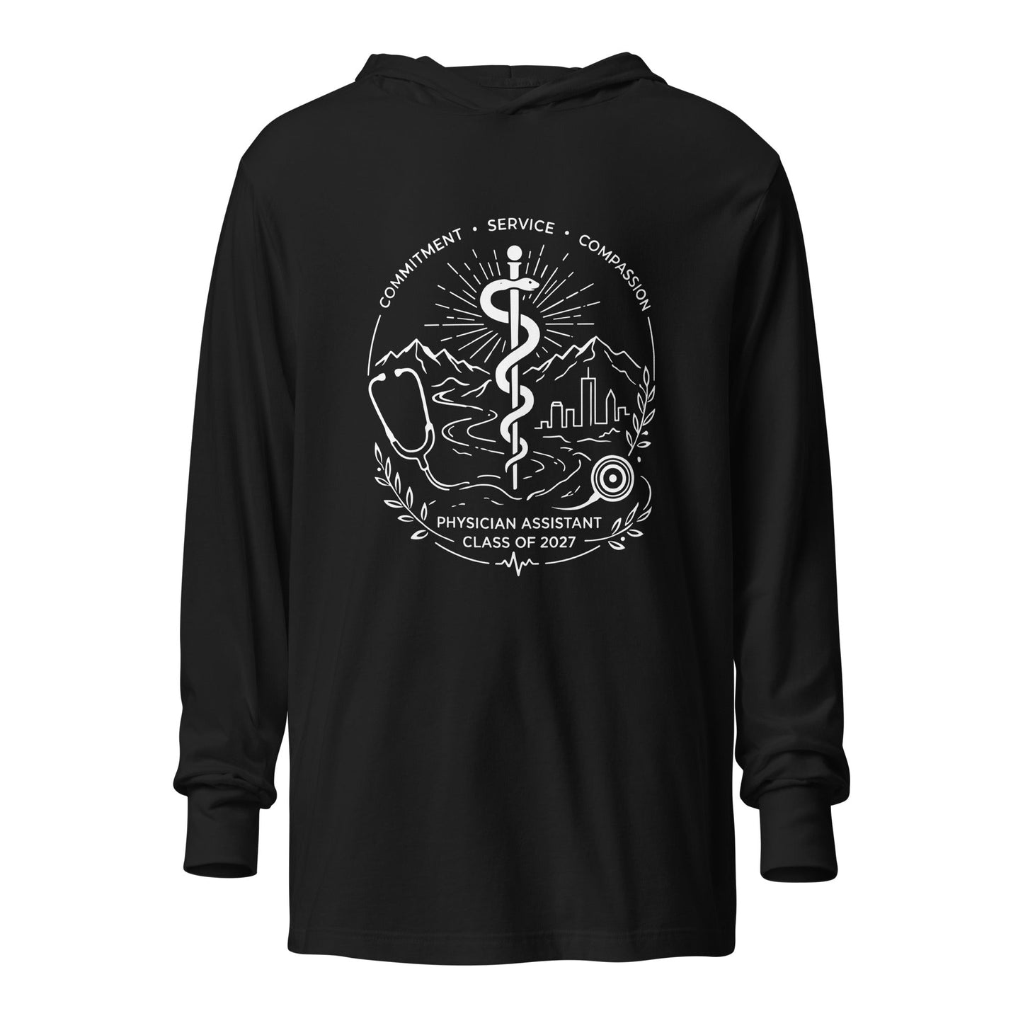 Performance | Hooded Long Sleeve T Shirt | Trine PA program | Crest Logo