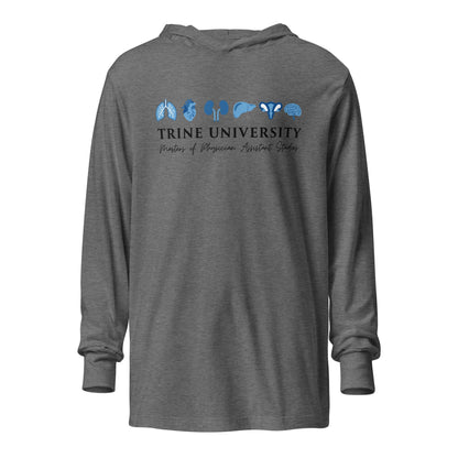 Performance | Hooded Long Sleeve T Shirt | Trine PA program | Modern Script Logo
