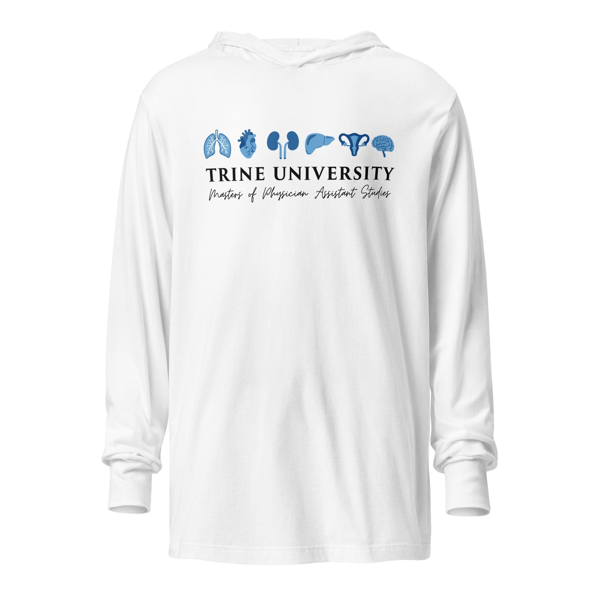 Performance | Hooded Long Sleeve T Shirt | Trine PA program | Modern Script Logo