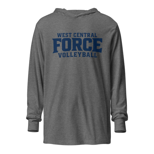 Performance | Hooded Long Sleeve T Shirt | West Central Force Volleyball | Blue Logo
