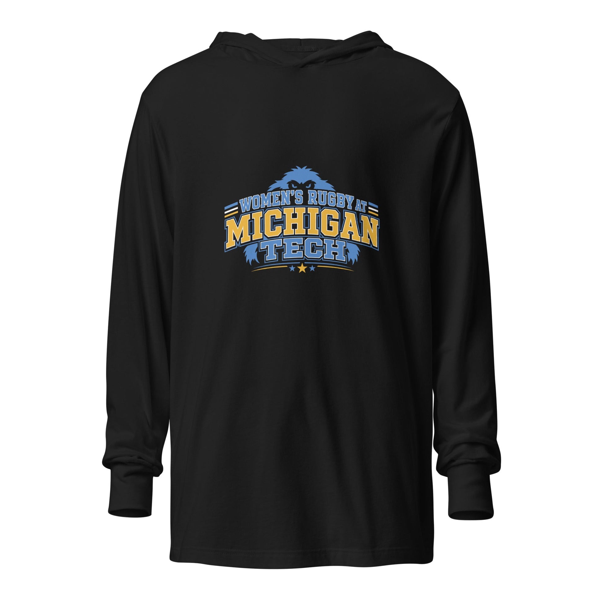Performance | Hooded Long Sleeve T Shirt | Women’s Rugby at Michigan Tech | Varsity Crest Logo
