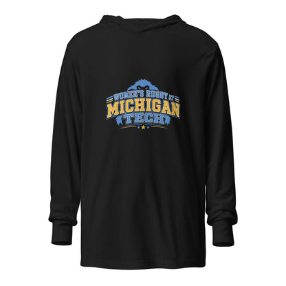 Performance | Hooded Long Sleeve T Shirt | Women’s Rugby at Michigan Tech | Varsity Crest Logo