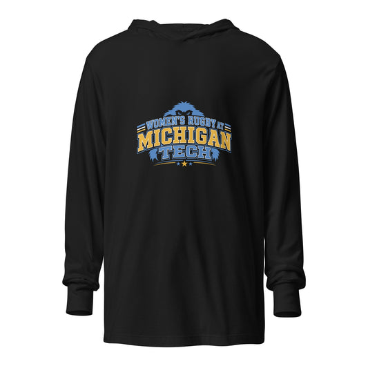 Performance | Hooded Long Sleeve T Shirt | Women’s Rugby at Michigan Tech | Varsity Crest Logo