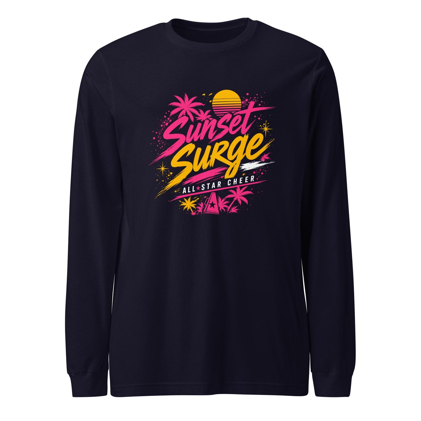 Performance | Long Sleeve Tee | Sunset Surge All-Star Cheerleading | Neon Palm Cheer Logo