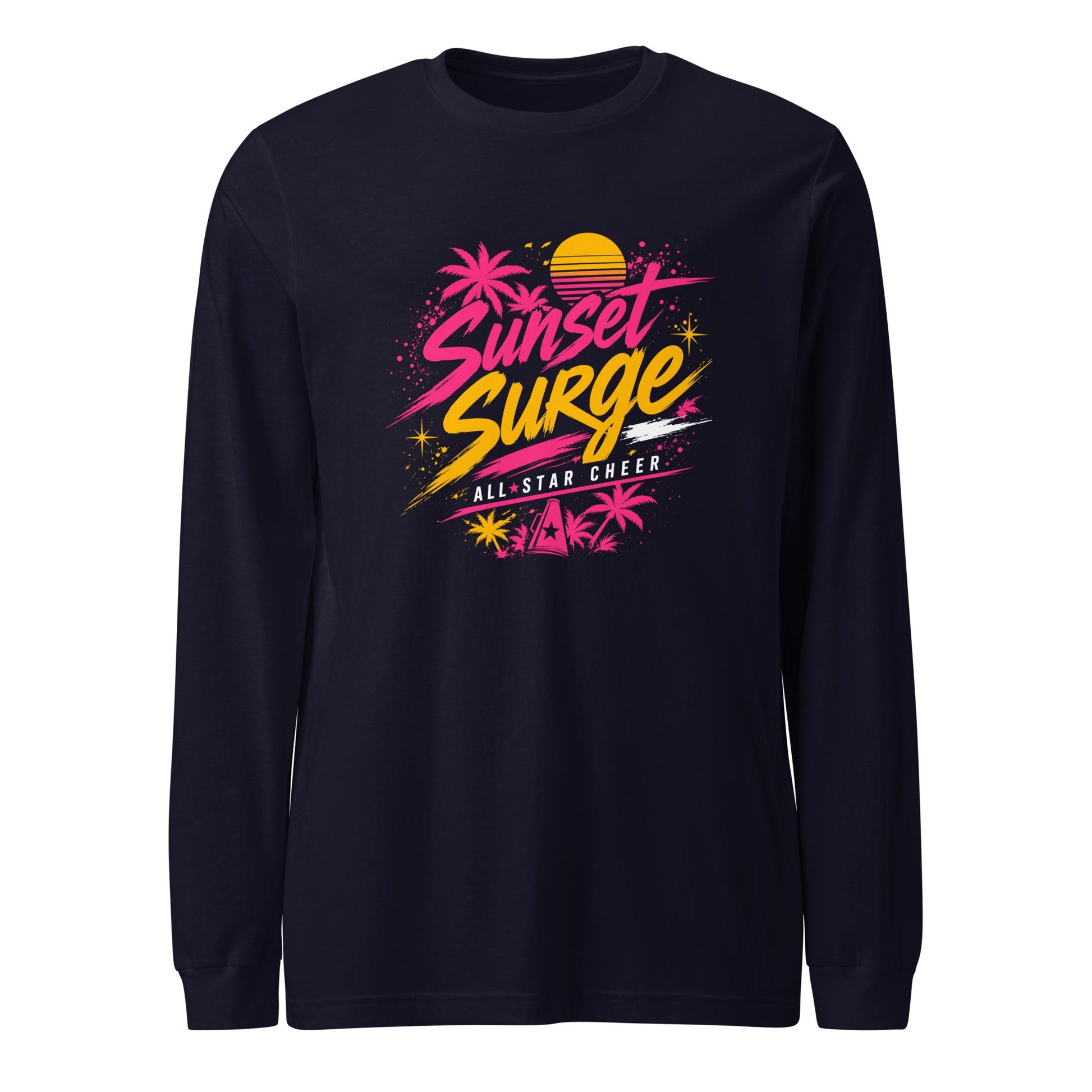 Performance | Long Sleeve Tee | Sunset Surge All-Star Cheerleading | Neon Palm Cheer Logo