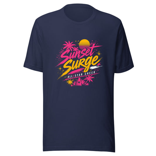 Performance | T-Shirt | Sunset Surge All-Star Cheerleading | Neon Palm Cheer Logo