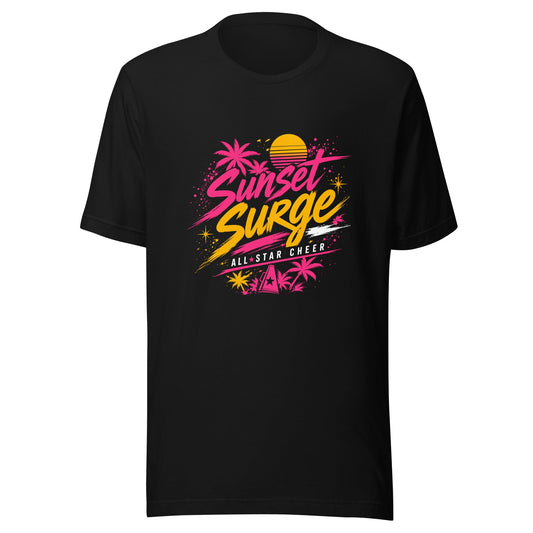 Performance | T-Shirt | Sunset Surge All-Star Cheerleading | Neon Palm Cheer Logo