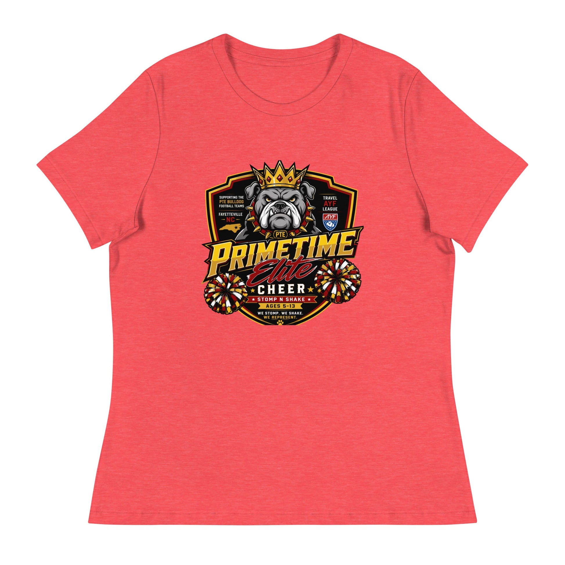 Performance | Women's Relaxed T Shirt | PTE Bulldog Cheer | Shield Logo