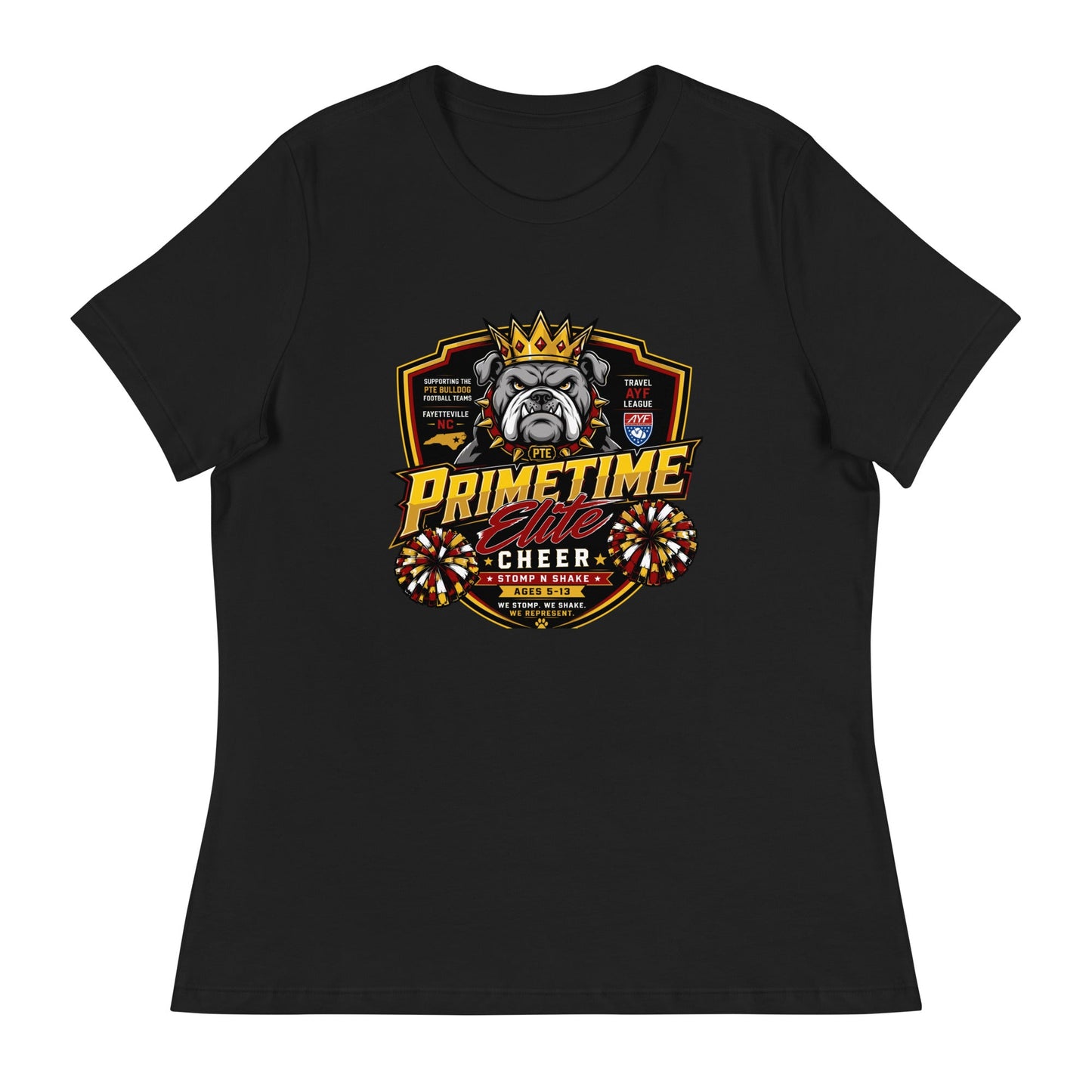 Performance | Women's Relaxed T Shirt | PTE Bulldog Cheer | Shield Logo