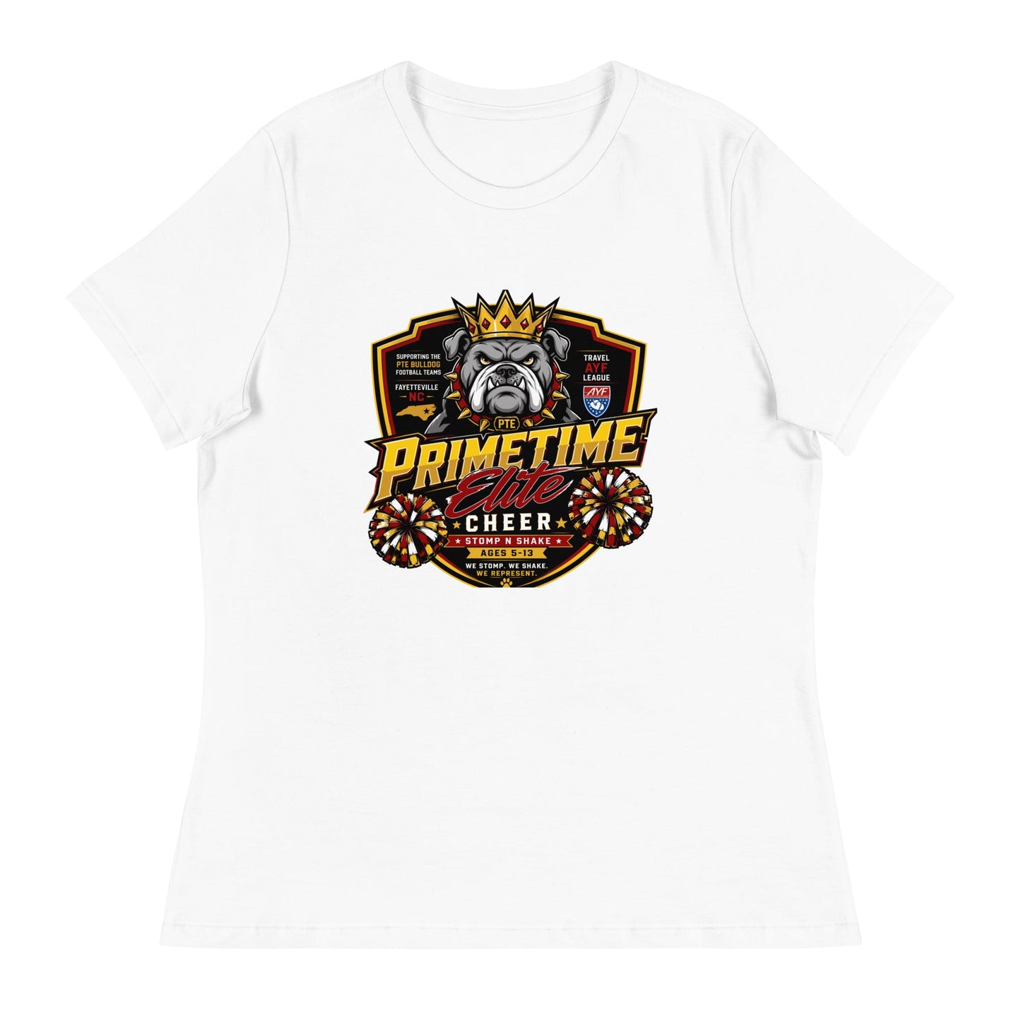 Performance | Women's Relaxed T Shirt | PTE Bulldog Cheer | Shield Logo