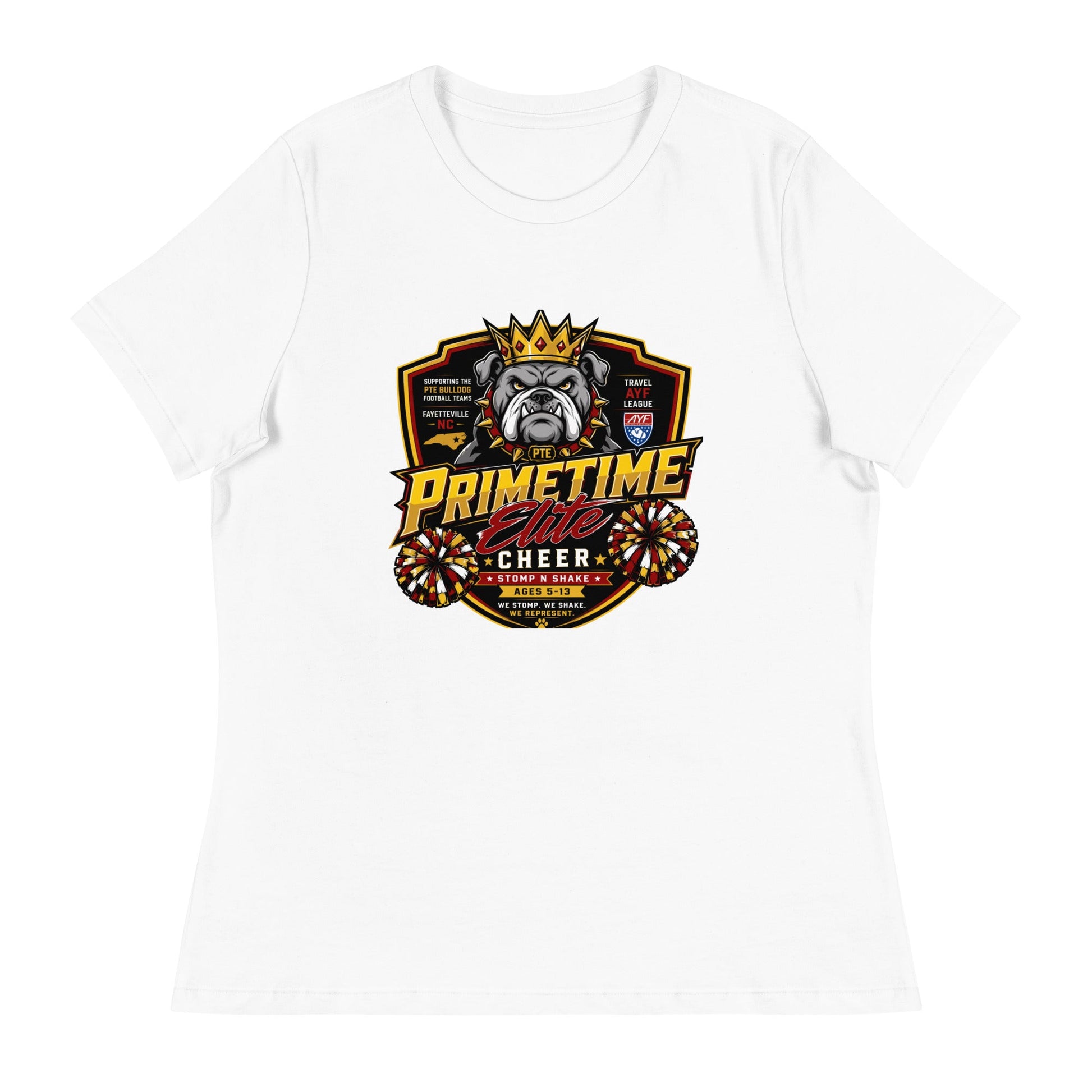 Performance | Women's Relaxed T Shirt | PTE Bulldog Cheer | Shield Logo