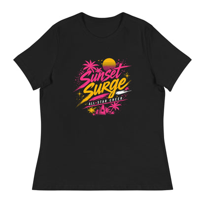 Performance | Women's Relaxed T Shirt | Sunset Surge All-Star Cheerleading | Neon Palm Cheer Logo