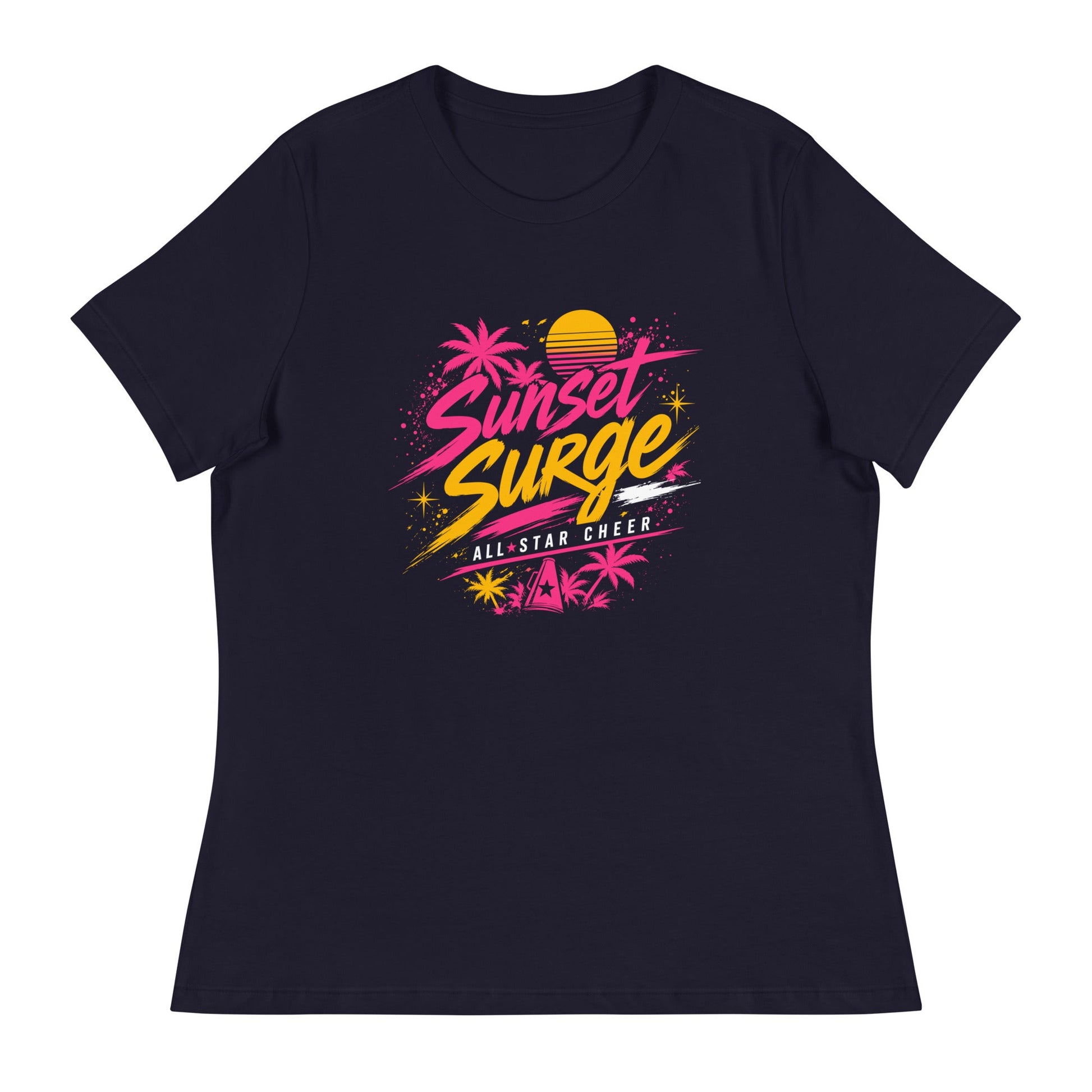 Performance | Women's Relaxed T Shirt | Sunset Surge All-Star Cheerleading | Neon Palm Cheer Logo