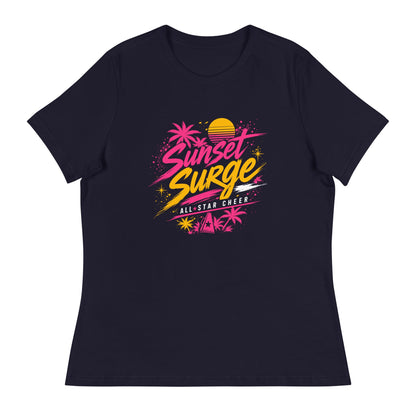 Performance | Women's Relaxed T Shirt | Sunset Surge All-Star Cheerleading | Neon Palm Cheer Logo