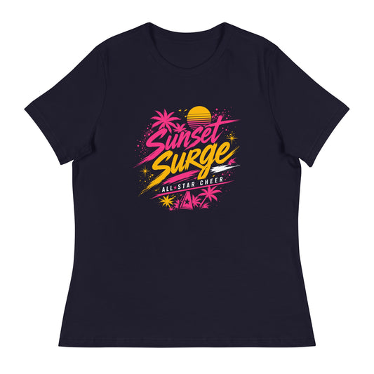 Performance | Women's Relaxed T Shirt | Sunset Surge All-Star Cheerleading | Neon Palm Cheer Logo