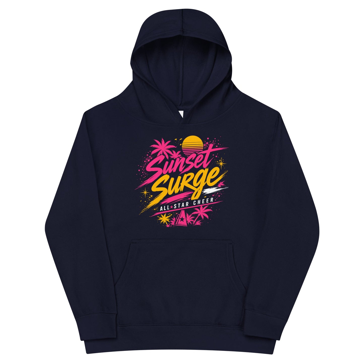 Performance | Youth Hoodie | Sunset Surge All-Star Cheerleading | Neon Palm Cheer Logo