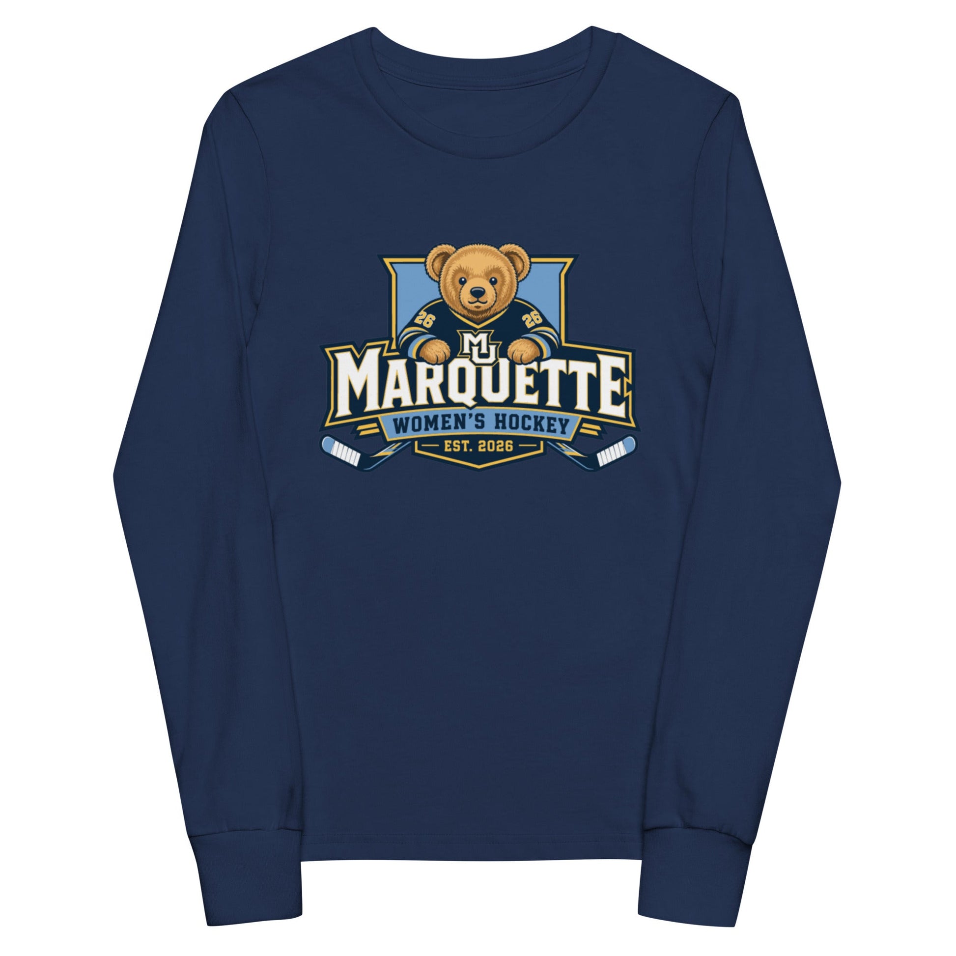 Performance | Youth Long Sleeve T-Shirt | Marquette University Women's Hockey | Bear Athletics Logo