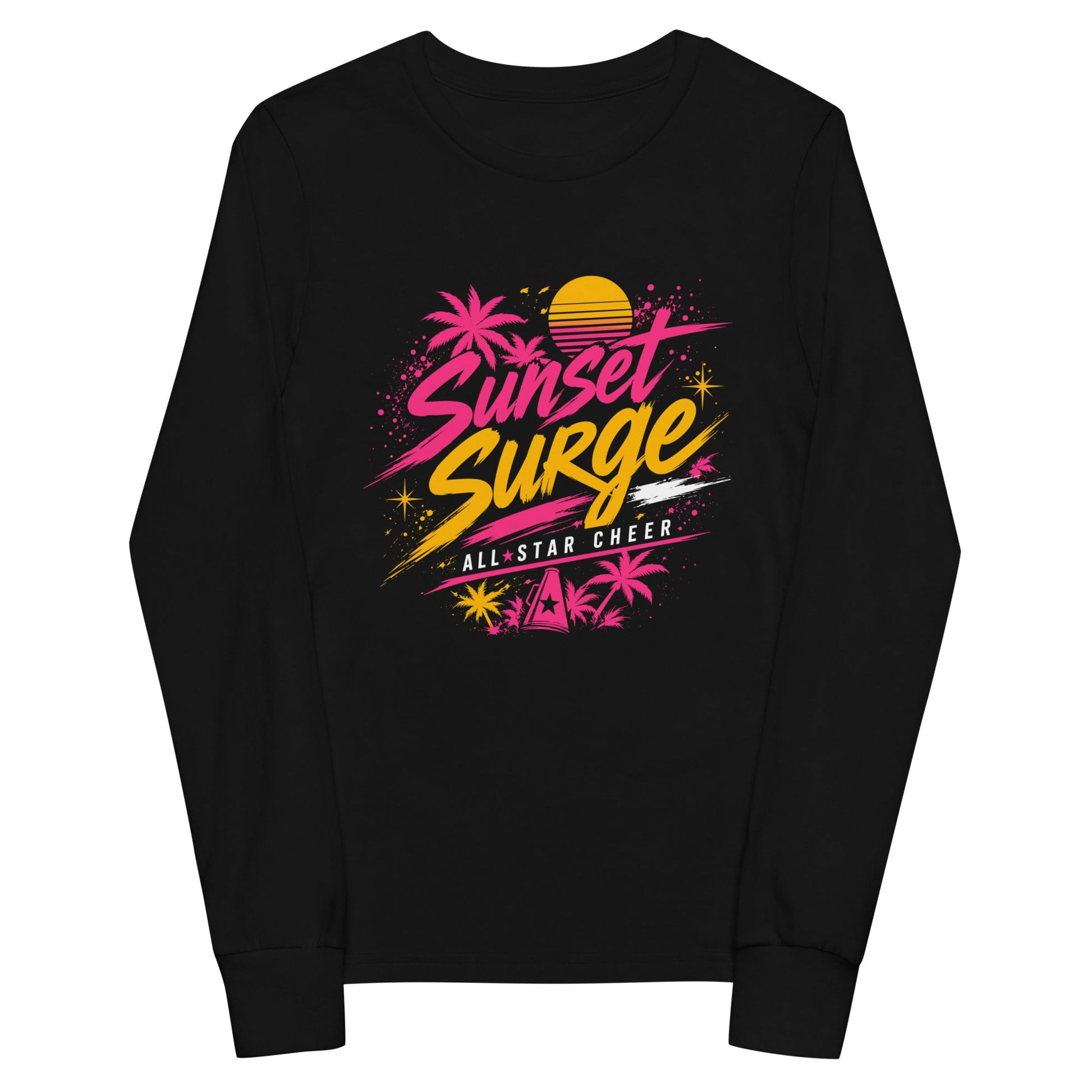 Performance | Youth Long Sleeve T-Shirt | Sunset Surge All-Star Cheerleading | Neon Palm Cheer Logo