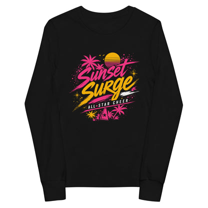 Performance | Youth Long Sleeve T-Shirt | Sunset Surge All-Star Cheerleading | Neon Palm Cheer Logo