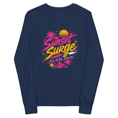 Performance | Youth Long Sleeve T-Shirt | Sunset Surge All-Star Cheerleading | Neon Palm Cheer Logo