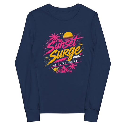 Performance | Youth Long Sleeve T-Shirt | Sunset Surge All-Star Cheerleading | Neon Palm Cheer Logo