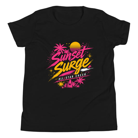 Performance | Youth T-Shirt | Sunset Surge All-Star Cheerleading | Neon Palm Cheer Logo