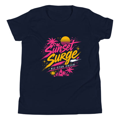 Performance | Youth T-Shirt | Sunset Surge All-Star Cheerleading | Neon Palm Cheer Logo