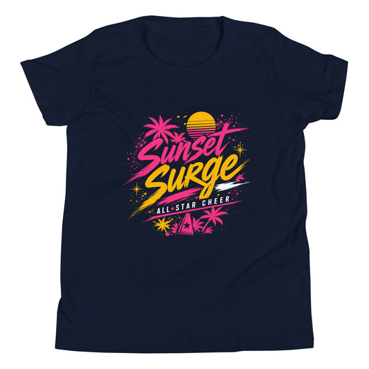 Performance | Youth T-Shirt | Sunset Surge All-Star Cheerleading | Neon Palm Cheer Logo