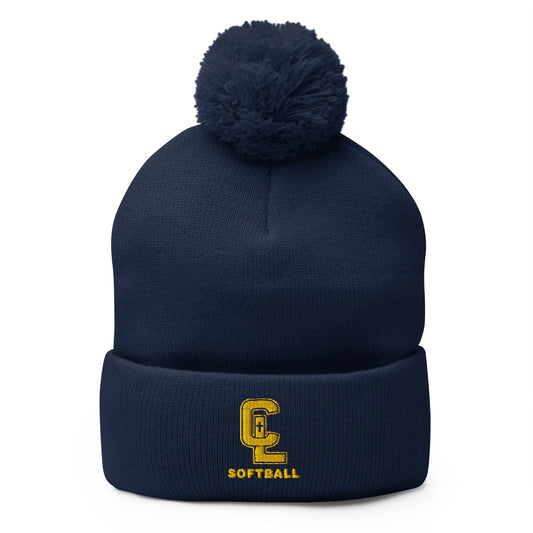 Pom - Pom Beanie | Crean Lutheran Softball | Gold CL Softball Logo